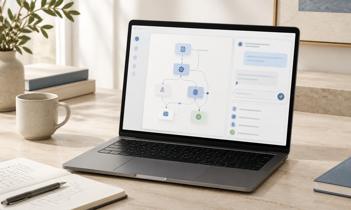 Flujo de automatización e inteligencia artificial en una laptop