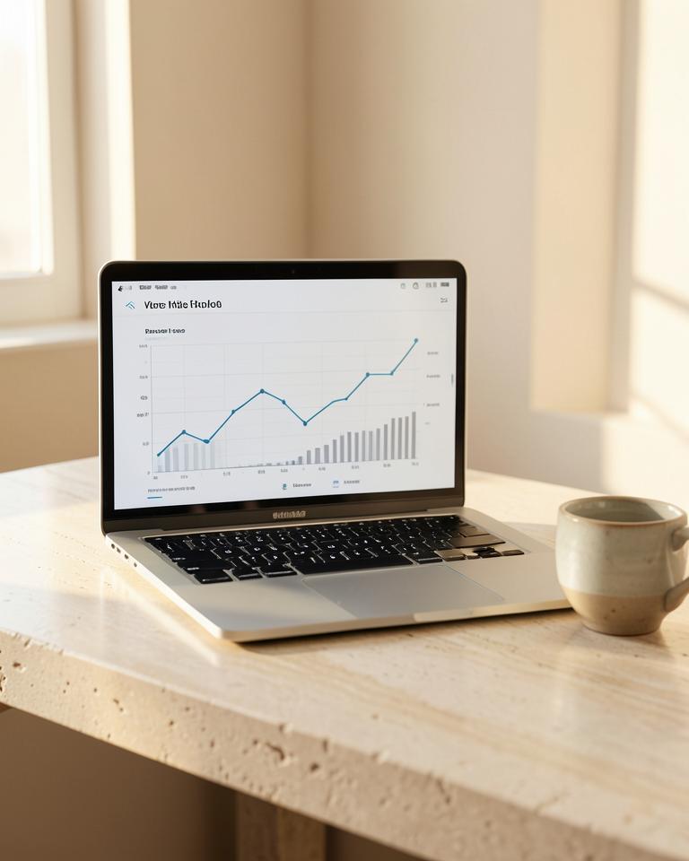 Laptop con gráficas de resultados en crecimiento sobre un escritorio con luz natural