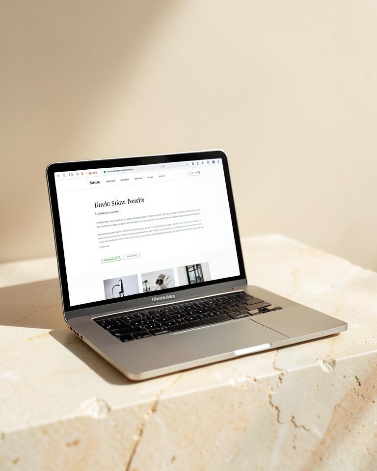 Laptop mostrando una página web profesional sobre una superficie de piedra clara
