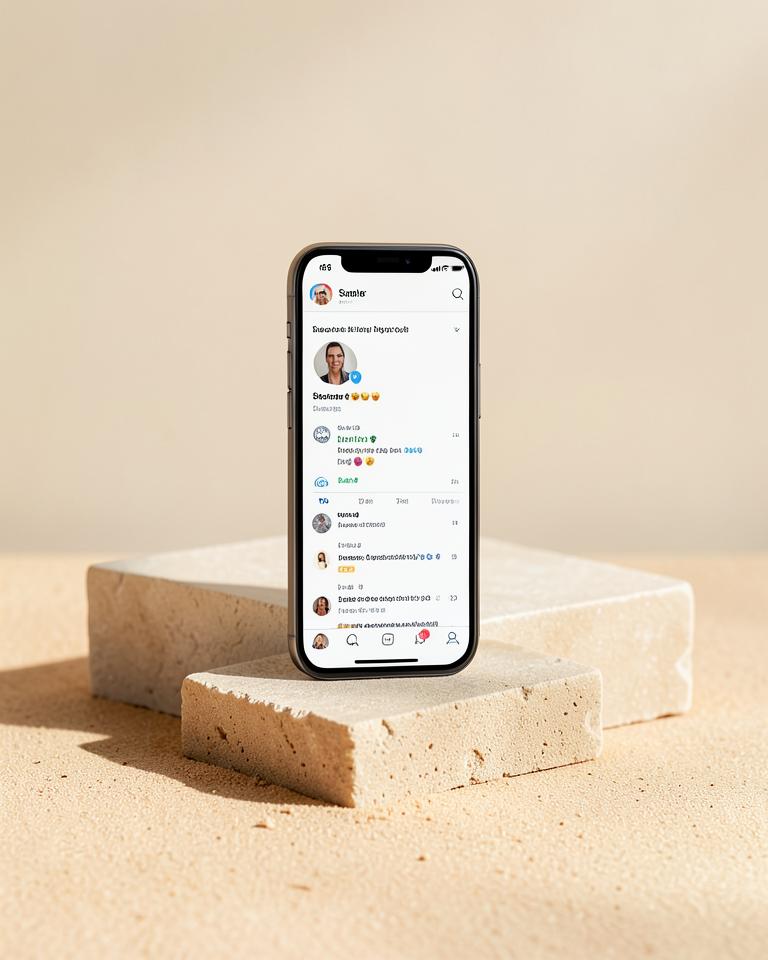 Teléfono mostrando un perfil de redes sociales sobre bloques de piedra arena